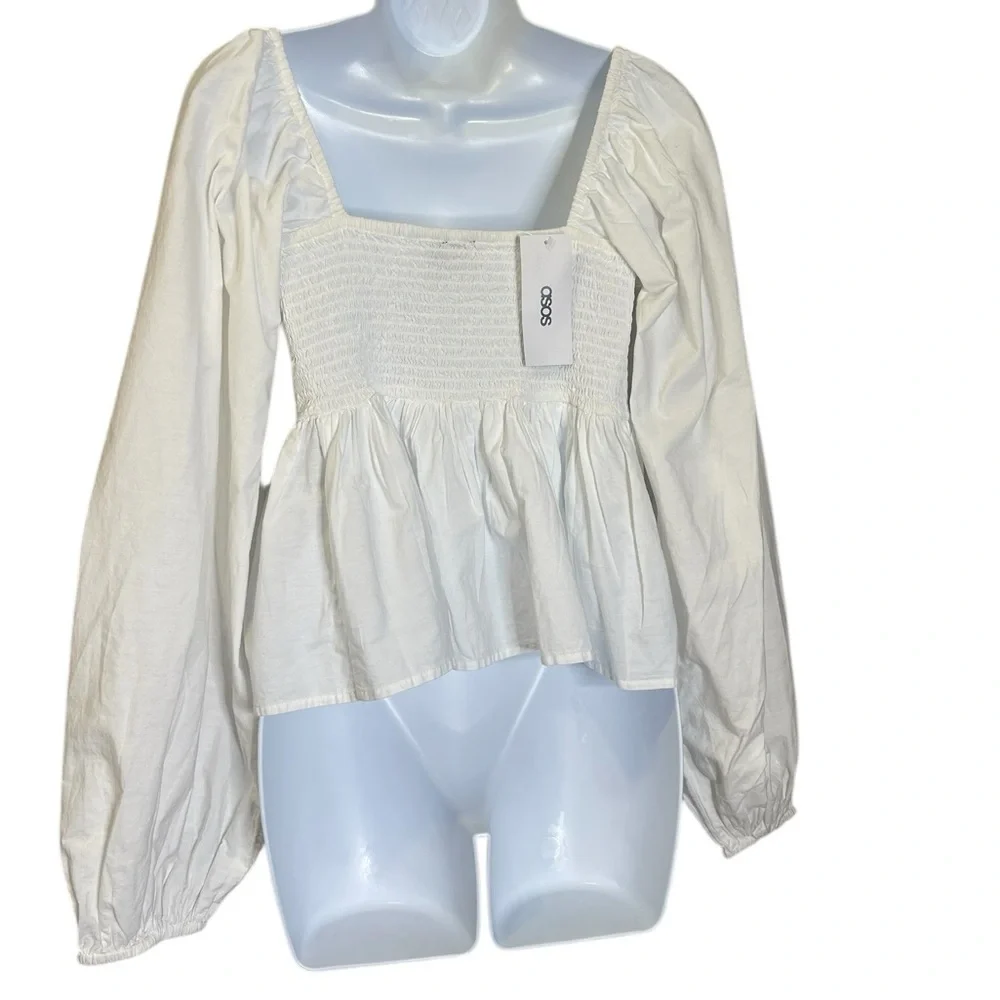 Asos White Crochet Cotton Puff Sleeves Babydoll Cottagecore Hippie Top 4 NWT